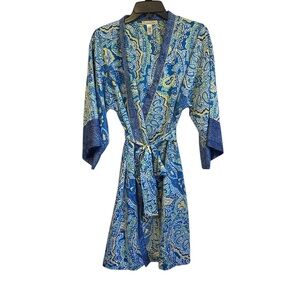 Oscar De La Renta Blue Paisley Polyester Silky Bathrobe Dressing Robe Small